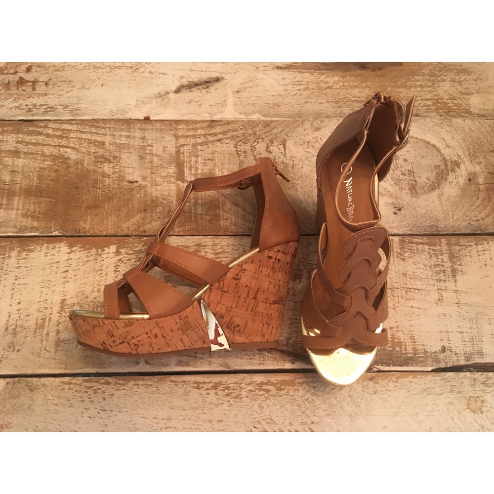 Brown and gold wedge braided wedge